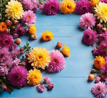 A stunning arrangement of colorful chrysanthemums creating a vibrant border on a blue wooden surface. A beautiful floral image.の写真素材