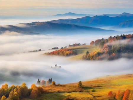 Picturesque autumn mountain landscape with fog. Serene colors and peaceful atmosphere.の写真素材