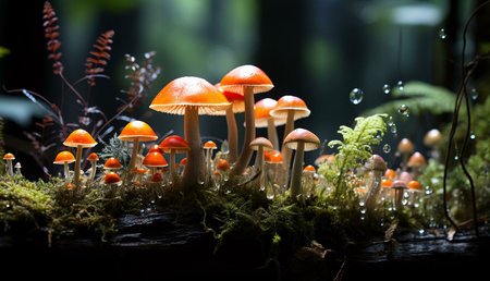 Vibrant orange mushrooms thrive in a lush forest. Dew drops add magic.