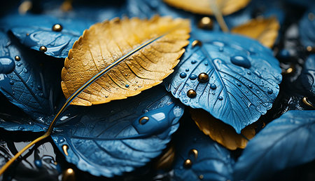 Close-up of blue and gold painted leaves with water droplets. Artistic and elegant autumnal scene.の写真素材