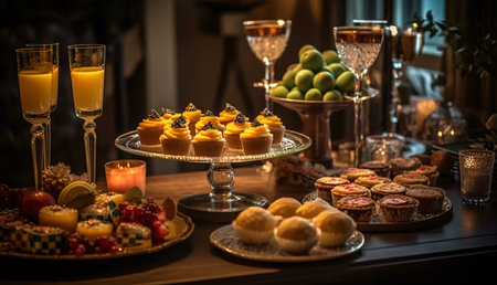 A lavish spread of delectable cupcakes, fruit tarts, and fresh fruit arranged on an elegant table. Perfect for a special event or party.の写真素材
