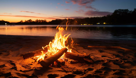A mesmerizing bonfire crackles on a sandy beach as the sun dips below the horizon, casting a warm...