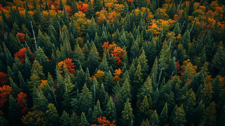 Stunning aerial shot of an autumn forest showcasing a rich tapestry of fall colors. The vibrant hues of the leaves create a breathtaking natural scene.の写真素材
