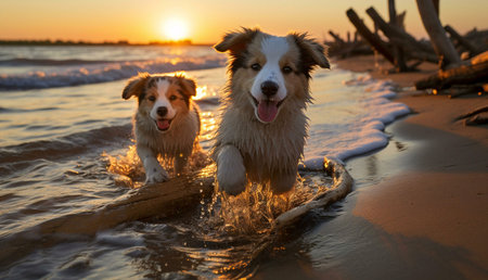 Two adorable puppies playing on the beach at sunset. Pure joy and happiness.の写真素材