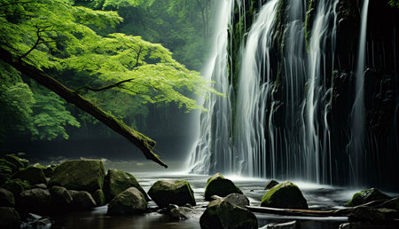A breathtaking waterfall cascades down mossy rocks into a tranquil pool. Lush green foliage surrounds the scene, creating a serene and peaceful atmosphere.の写真素材