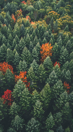 Stunning aerial shot showing the vibrant colors of autumn leaves amongst evergreen trees. A breathtaking view of nature's beauty.の写真素材