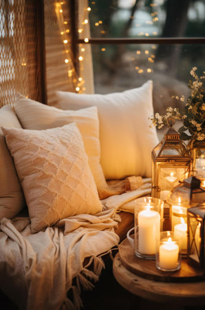 A tranquil scene of a cozy indoor space illuminated by candlelight. Soft pillows and a warm blanket create a relaxing atmosphere.の写真素材