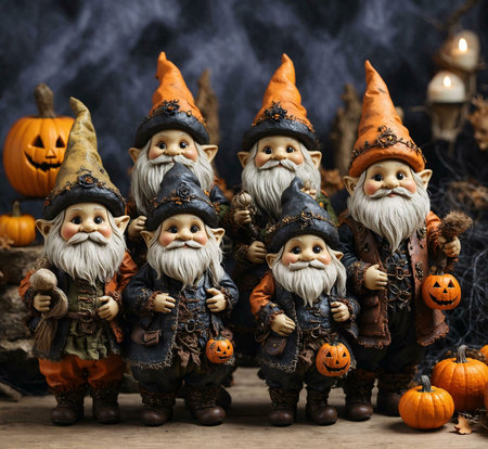Six adorable Halloween gnomes with pumpkins. Perfect autumn decor.の写真素材