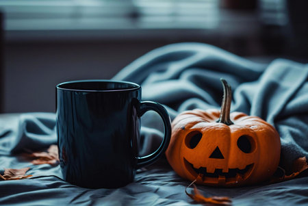 A dark mug sits beside a carved pumpkin on a cozy blue blanket. Autumn leaves are scattered around.の写真素材