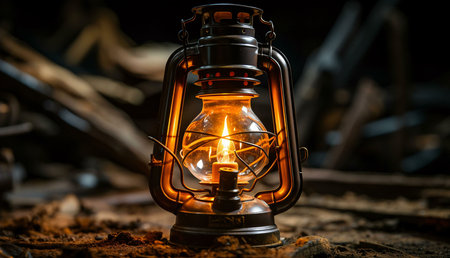 A lit vintage kerosene lantern sits on the ground, its warm glow contrasting against the dark...