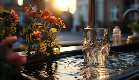 A glass sits in water on a tray near a window, flowers in the foreground. Sunset light illuminates the scene.の写真素材