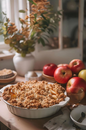 A delicious apple crumble sits on a rustic table, surrounded by apples and flowers. Autumn vibes.の写真素材