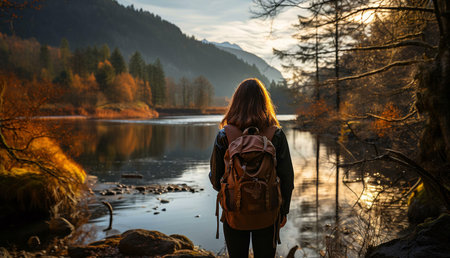 A lone woman admires a serene lake view, majestic mountains at sunset. Autumn colors paint the...