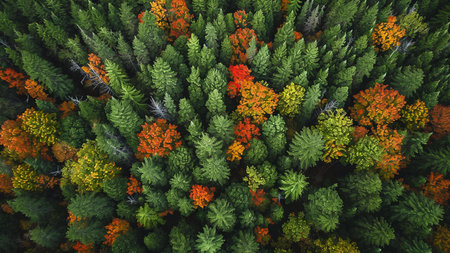 Aerial shot showing a forest in autumn. The vibrant colors of the fall foliage create a stunning...
