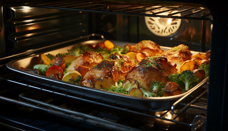 A baking tray of roasted chicken and vegetables inside an oven. The chicken is golden brown and crispy and vegetables are tender.の写真素材