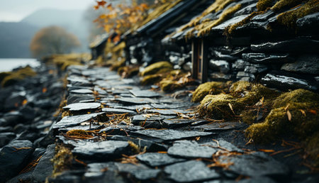 A tranquil autumn scene featuring a stone path alongside a lake, moss-covered rocks and old stone buildings. Peaceful and serene.の写真素材