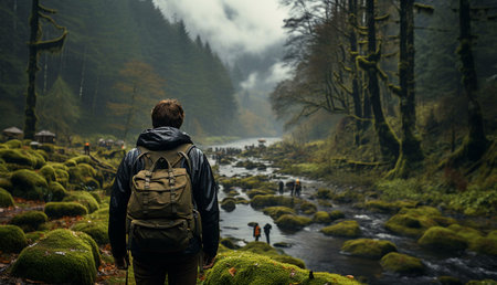 A lone hiker with a backpack contemplates a misty river flowing through a lush green forest.の写真素材