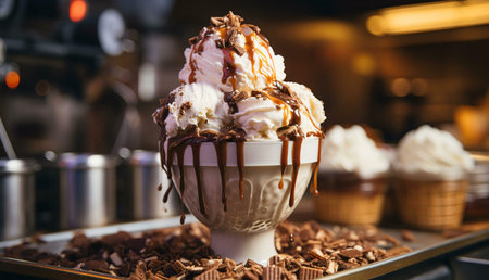 A delightful ice cream sundae, overflowing with creamy vanilla ice cream, rich chocolate sauce, and crunchy toppings.の写真素材