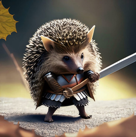 A brave hedgehog in knight's armor holds a sword. Autumn leaves add to the enchanting scene.の写真素材