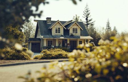 A picturesque house, surrounded by vibrant greenery, basking in the warm sunlight.の写真素材