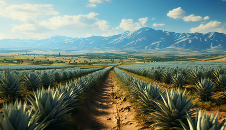 Vast agave fields stretch towards majestic mountains under a clear blue sky. A sunlit path leads the eye through the rows of plants.の写真素材