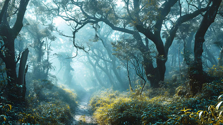 Mystical forest path shrouded in fog. Sunlight filters through the dense canopy creating a serene and magical atmosphere.の写真素材