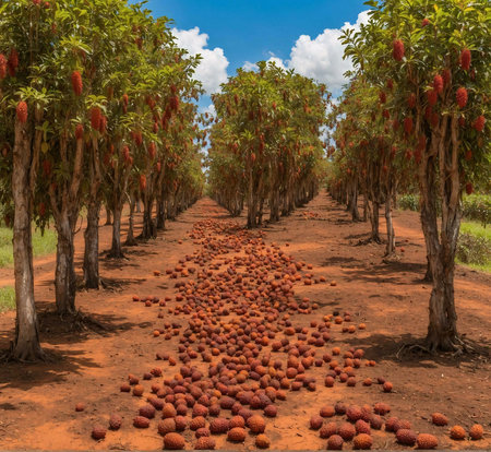 A picturesque plantation of red fruit trees under a vibrant sunny sky. The rows of trees lead to a distant horizon.の写真素材