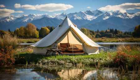 Luxury tent nestled by a lake with majestic mountains in the background. Perfect glamping escapeの写真素材