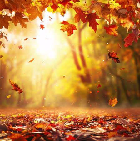 A breathtaking autumn scene with falling leaves, bathed in warm sunlight. The vibrant colors and...
