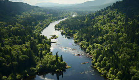 Aerial view of a pristine river flowing through a dense green forest, creating a serene and peaceful...