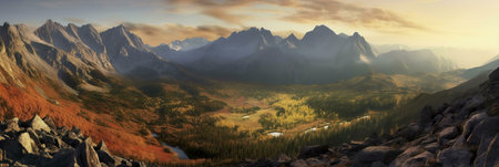 Breathtaking autumnal mountain valley at sunset. A panoramic view of nature's beauty.の写真素材