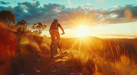 A cyclist enjoys a breathtaking sunset while mountain biking on a scenic trail.の写真素材