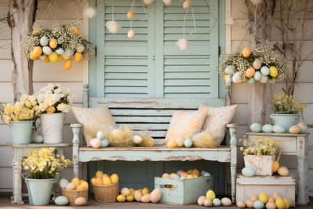A charming rustic porch decorated for Easter with pastel eggs, spring flowers, and a vintage bench.の写真素材
