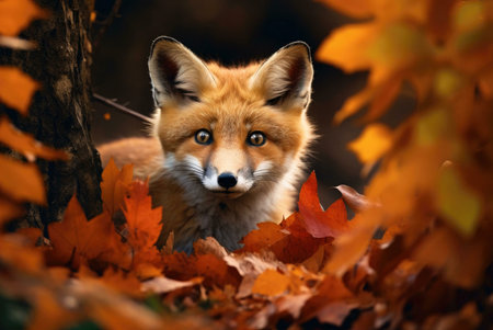A captivating image of a red fox amidst a bed of vibrant autumn leaves. The fox's intense gaze adds...