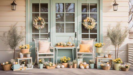 Pastel Easter porch decorated with daffodils, wreaths, and eggs. A charming springtime scene.の写真素材
