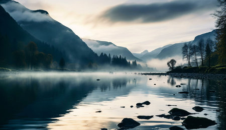 A tranquil lake reflecting misty mountains at dawn. Peaceful atmosphere.の写真素材