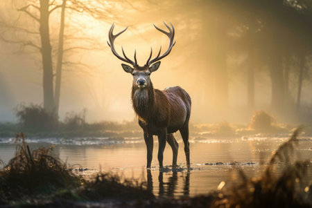 A majestic red deer stag stands in a calm lake during a golden sunrise, surrounded by fog and trees....