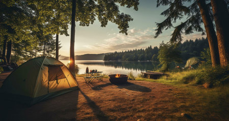 Picturesque camping scene at sunset, showcasing a tent near a tranquil lake surrounded by lush...