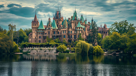 A beautiful castle with towers in the form of bastions, around it there is water, green trees, a...