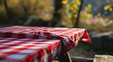 A red and white checkered picnic table sits outdoors in a blurry autumnal background. The scene is peaceful and inviting.の写真素材