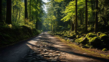 A sunlit path winds through a lush green forest, bathed in the morning's gentle light. Moss-covered...