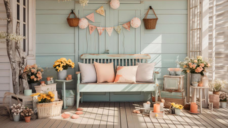 A charming rustic porch decorated with pastel colors and spring flowers. The scene is peaceful and inviting.の写真素材