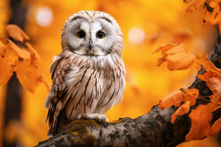 A stunning owl perched on a branch amidst vibrant autumn foliage. The owl's detailed feathers and piercing gaze are beautifully captured.の写真素材