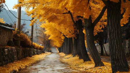 A picturesque autumn scene, showcasing a tranquil village road lined with vibrant golden ginkgo...