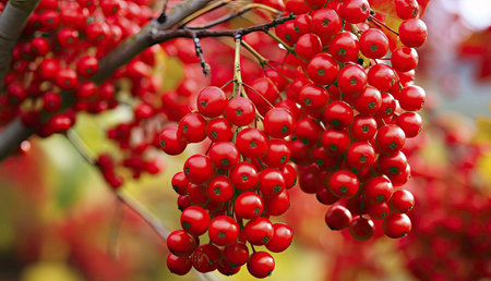 A captivating close-up of vibrant red berries hanging from a branch in the autumn season. The image...