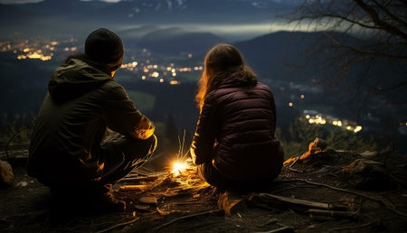 A couple enjoys a romantic night by a campfire, gazing at a beautiful mountain view filled with city...