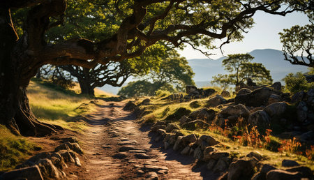 A picturesque path winds through a serene countryside, bathed in golden sunlight. Lush green foliage and majestic trees create a tranquil atmosphere.の写真素材