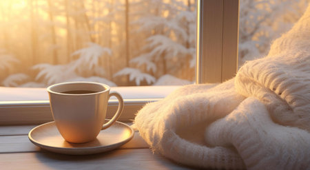A warm cup of coffee sits on a window sill, a cozy sweater nearby, and a snowy winter landscape visible outside.の写真素材