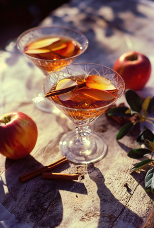 Two glasses of apple cider cocktail with cinnamon sticks, apples and sunlight on wooden table.の写真素材