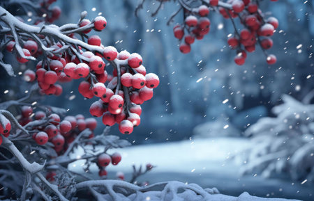 Red berries covered in snow during a winter snowfall. A serene winter sceneの写真素材